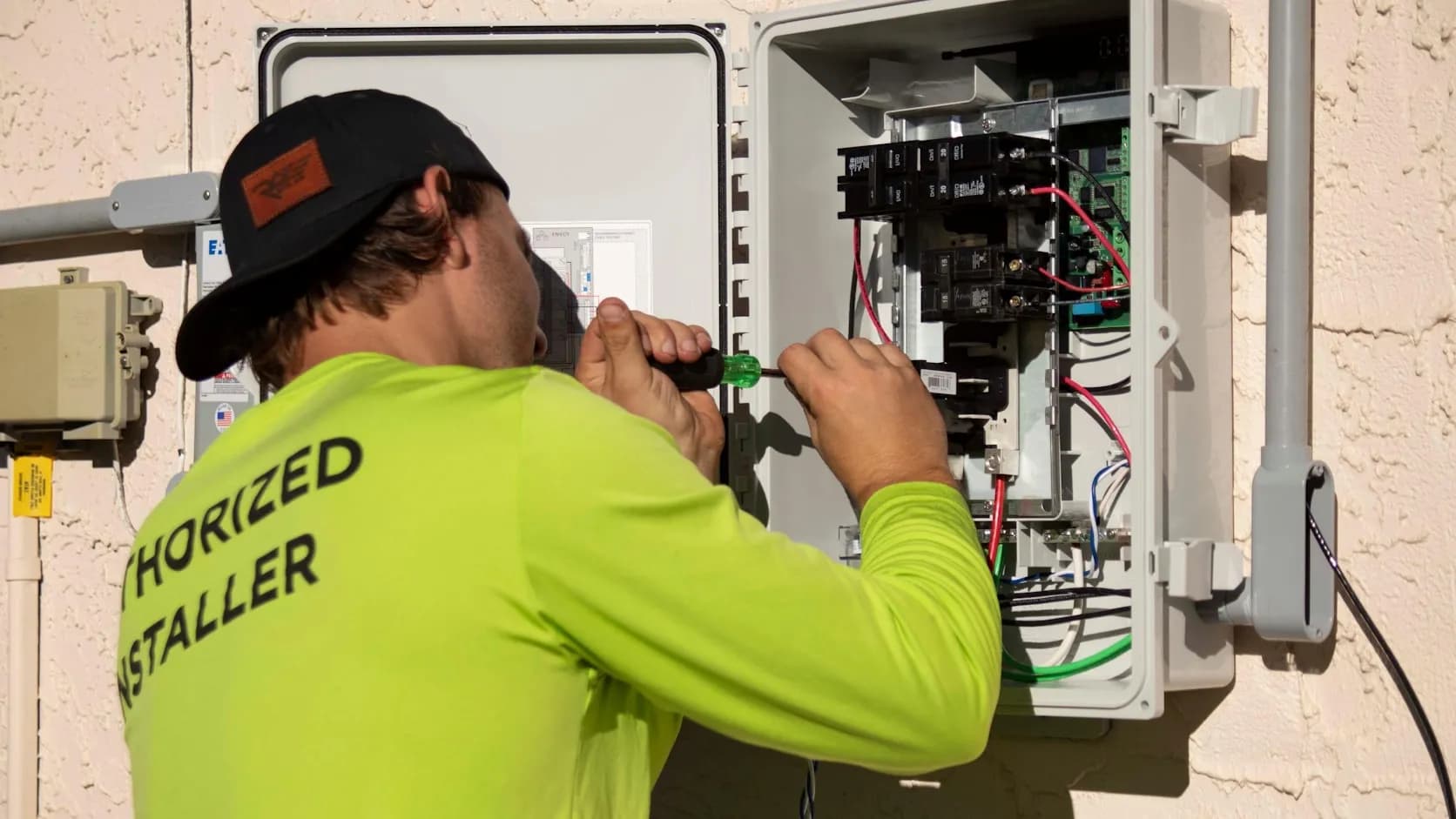 HVAC technician in an installer shirt at work, both hands inside an open outdoor AC disconnect panel servicing the unit.