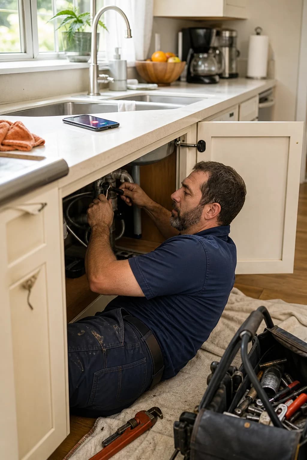 A plumber working beneath a sink while a nearby phone rings unanswered