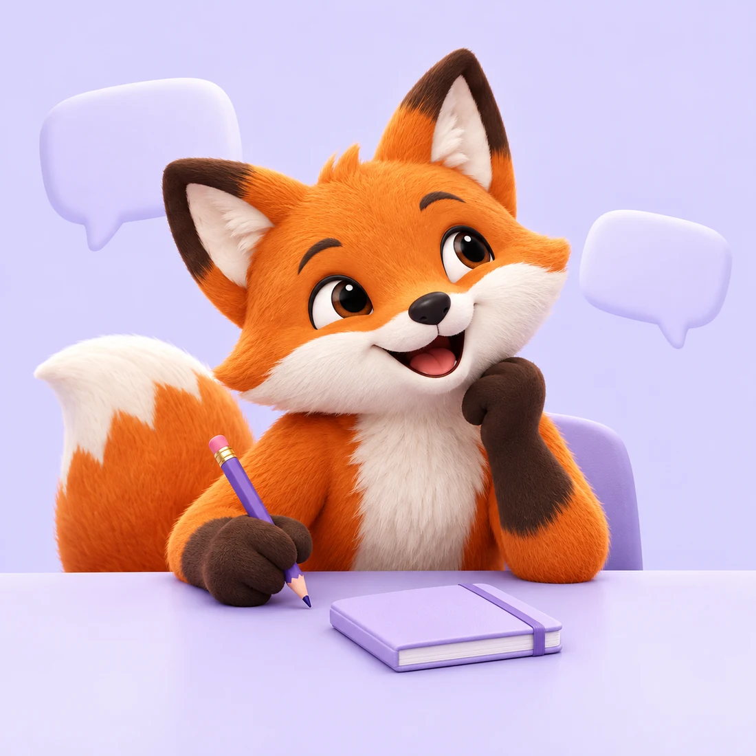 The ThreadFox fox holding a purple pencil